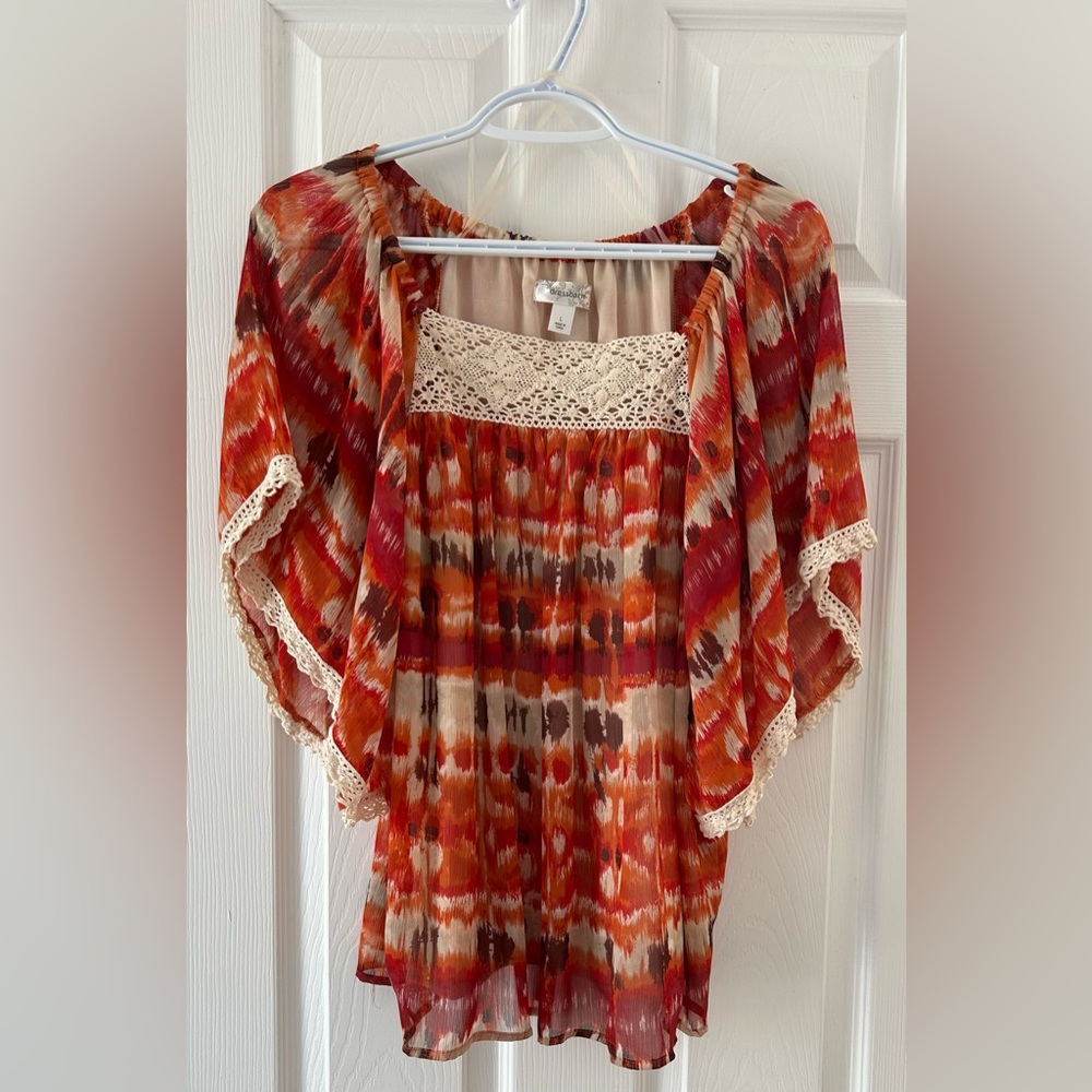 dressbarn Red and Orange Boho Patterned Blouse